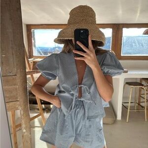 Blue Gingham Puff Sleeve Short Set